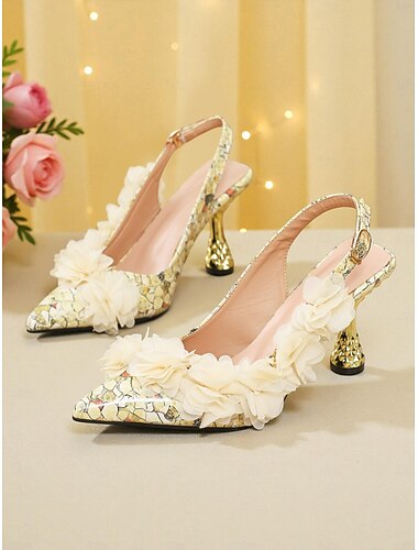  Sapatos de salto slingback florais femininos com salto esculpido dourado - elegantes sapatos de bico fino para casamentos e festas.