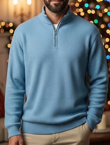 Herren Waffel-Poloshirts Reißverschluss-Polo Sport im Freien Lässig Stehkragen Reißverschluss Langarm Mode Modern Einfarbig Texture Gestrickt Frühling & Herbst Ganzjahres Normale Passform Blau Wein