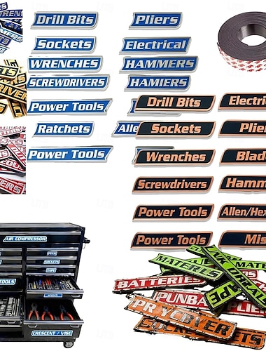  Opakowanie 12 magnetycznych etykiet do skrzynek narzędziowych, etykiety do skrzynek narzędziowych drukowane w technologii 3D, ogólne akcesoria do organizacji skrzynek narzędziowych, wielokrotnego