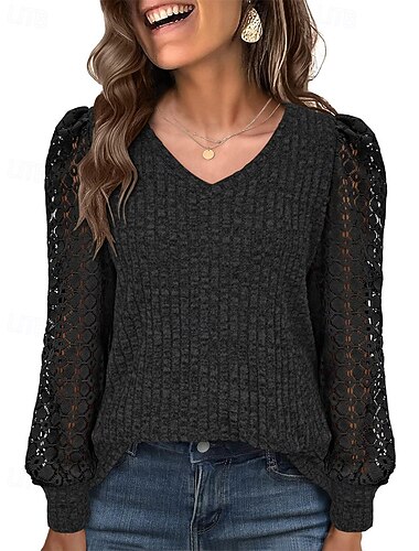  Γυναικεία Μπλουζάκι Δαντέλα Splicing Top Συμπαγές Χρώμα Κομψό Μοντέρνα χαριτωμένο στυλ Μακρυμάνικο Στρογγυλή Ψηλή Λαιμόκοψη Λαιμόκοψη V Κανονικά μπλουζάκια Καθημερινά Εξόδου Σαββατοκύριακο