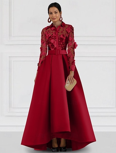  A-linje Golvlång Kvälls klänningar Balklänning Formell klädsel Elegant Långärmad Tröjkrage Formell Helgdag Ficka Satäng Spets med Broderad