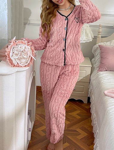  Damen Schlafanzug Freizeitkleidung Schlafanzug Set Flanell Warm Mode Herz Elastischer Bund Knöpfe Hose Urlaub Heim Täglich Langarm V Ausschnitt Rosa Herbst Winter Normale Passform