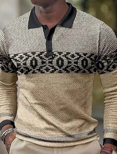  Miesten Väripalikka Geometrinen Vohveli poolopaidat Pitkähihainen Poolopaidat Kauluspaidat Business Casual liiketoiminta Käytä töihin Arki-asut Napit Kevät Syksy Talvi Musta Sininen Ruskea