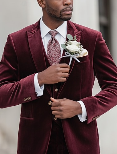  Masculino Terno de veludo casamento na praia Casamento na primavera Preto Vinho Primavera Verão Terno Lapela Pontuda Festa Formal Cor Sólida Moderno Conjunto de 3 peças Comum 2 Botões