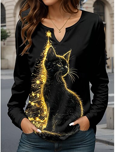  Χριστούγεννα Γυναικεία Μπλουζάκι Γραφική Ζώο Γάτα Βίντατζ Στυλάτο Κλασσικό Μακρυμάνικο Λαιμόκοψη V Λαιμός με εγκοπή Κανονικά μπλουζάκια Καθημερινά Στάμπα Ρουμπίνι Βυσσινί Χρυσό Πράσινο του τριφυλλιού