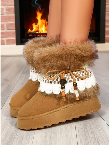  stivali da donna marroni con fodera in pelliccia sintetica e dettagli all'uncinetto: calzature invernali casual con dettagli di perline e morbida fodera in peluche, ideali per Natale, regali per le feste e gite invernali informali