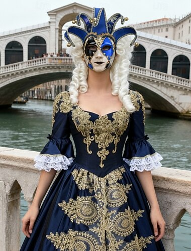  Conjunto Vintage Góticas Rococó Maxi Vestidos Máscara Perucas cosplay com acessórios Princesa Shakespeare De Baile Fantasia Mulheres Real Dia Das Bruxas Carnaval Baile de Máscaras Carnaval dia das