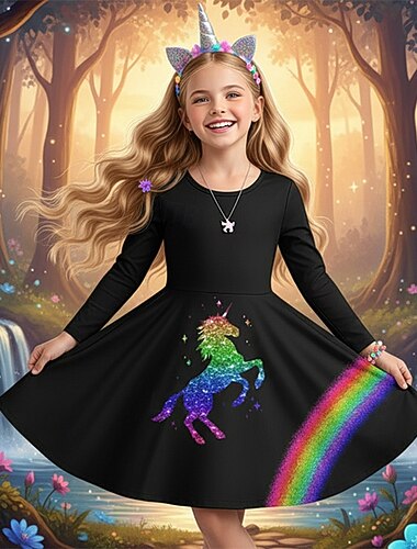  Jenter' 3D Grafisk Regnbue enhjørning Kjole Langermet 3D-utskrift Vår Høst Ytelse Feriereise Fest Fritid Prinsesse Vakker Barn 4-12 år Uformell kjole Kjole med A-linje Knelang Normal