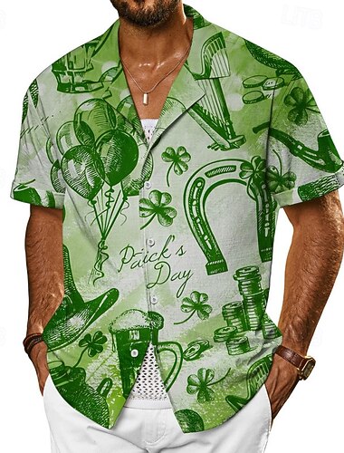  St. Paddy's Day St. Patrick Herren Hut Shamrock Hemd St. Patrick Day Hemden Sommer Hemd Kurzarm Hawaiianisch Lässig Resort Täglicher Outdoor Urlaub Sommer Frühling Turn-Down Knöpfe Druck Weiß Orange