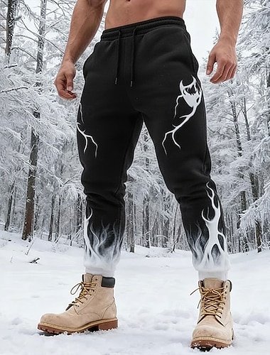  Herre 3D Print Flamme Joggebukser Jogger Bukser Medium Midje Elastisk midje med snøring Fashion Casual utendørs Camping & Vandring Jakt Atletiske joggebukser med lommer Høst Vinter 3D-utskrift Svart