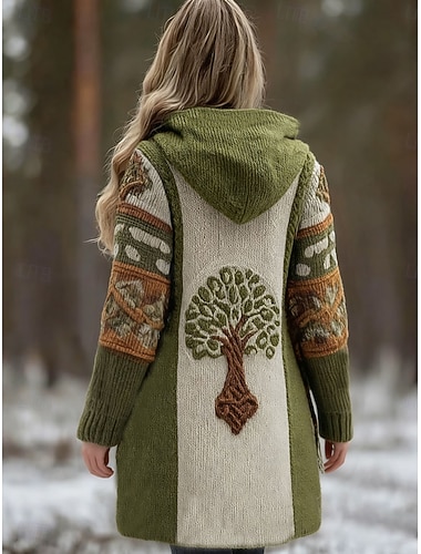  نسائي سترة من الصوف يوميا كاجوال الرسم هندسي مضلع مع قبعة بقع جيب Buttons كم طويل قمصان طويلة متماسكة الأماكن المفتوحة عطلة نهاية الاسبوع أخضر الخريف الشتاء