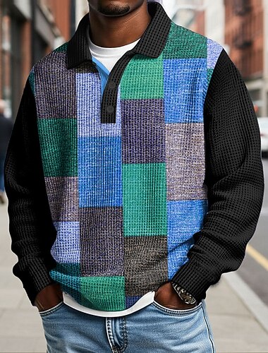  Herre Farveblok Geometrisk Vaffel poloskjorter Langærmet Polo skjorter Skjorter med krave Afslappet Forretning Arbejdstøj Dagligdagstøj Knapper Forår Efterår Vinter Blå Brun Grøn