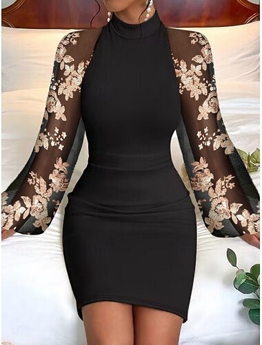  Damen Minikleid Etui-Kleid Elegant Party Cocktail Outdoor Party Hochzeitsgast Normale Passform Einfarbig Langarm Rollkragen Schwarz Frühling Herbst Winter