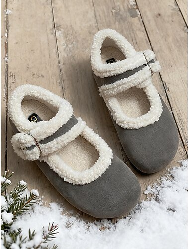  ballerine Mary Jane larghe da donna con cinturino in sherpa color marrone – comode scarpe foderate in pelliccia sintetica per l'inverno, le giornate informali e le feste
