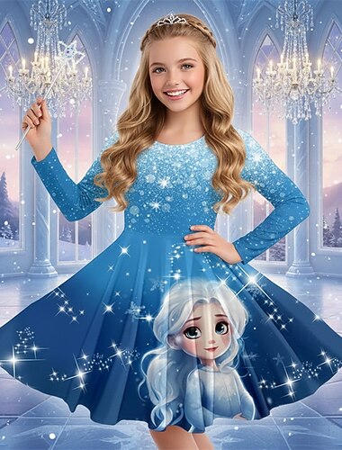  Jenter' 3D Grafisk Animé Kjole Langermet 3D-utskrift Vår Høst Ytelse Feriereise Fest Fritid Prinsesse Vakker Barn 4-12 år Uformell kjole Kjole med A-linje Knelang Normal