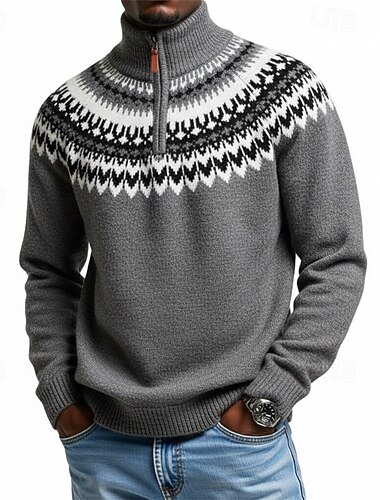 Herren Pullover Pullover mit Viertelreißverschluss Strickpullover Gerippt Stricken Normale Oberteile Gestrickt Geometrisch Viertelreißverschluss Vintage Mode Lässig Alltagskleidung Bekleidung Herbst