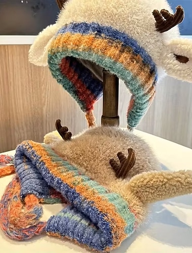  قبعة شتوية نسائية مبطنة بالصوف ومزينة بقرون الرنة &آذان، قبعة تزلج ناعمة ودافئة، قبعة رنة ملونة متعددة الألوان، قبعة كروشيه مبطنة بالصوف الناعم للأطفال والكبار، إكسسوار مضحك للعطلات