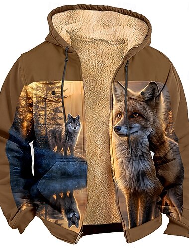 Herr Räv Varg Fleece Huvtröja Jakke Tröja Mode Häftig Dagligen Vintage retro Huva Utomhus Jakt Svart Brun Brun 2 Dragkedja Ficka Höst Vinter Designer S M L XL XXL XXXL