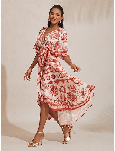  Damen Satinkleid Langes Kleid Maxikleid Orange Vorderknoten Urlaub XS S M