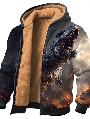  Męskie Dinozaur Druk 3D Polar Bluza z Kapturem Ceket Bluzy Klasyczny Fantazja Półgolf Na zewnątrz Kemping Czarny Niebieski Zapiąć na zamek błyskawiczny Jesień Zima Projektant S M L XL 2XL 3XL