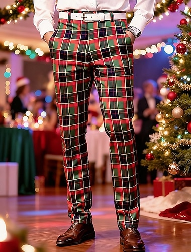  Miesten Jouluhousut Housut Puvunhousut Kiinalainen Tasku Napit Skottiruutukuvio Mukavuus Muodollinen Juhla Työ Muoti Klassinen tyyli Tummanpunainen Rubiini Mikrojoustava