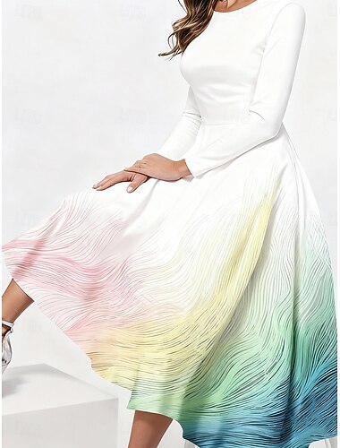  Women's Midi Dress Casual Dress Swing Dress Elegant Fashion Outdoor Daily Weekend Regular Fit Ombre Striped Long Sleeve Crew Neck Black White Spring Fall Winter Autumn