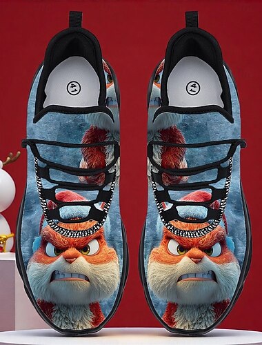  怒りのホリデーをテーマにした、お祭り気分の雪をデザインした赤と白のキャラクタースニーカー