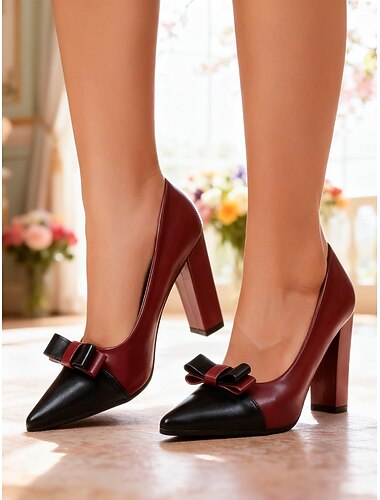  Women's Burgundy and Black High Heel Pumps – Pointed Toe, Bow Detail, Stylish and Comfortable for Office, Parties and Special Occasions