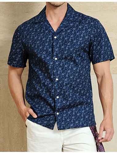  Herren Hemd Freizeithemd Camp-Kragenhemd Langarm Vintage Hawaiianisch Künstlerisch Schule Leistung Hochzeit Sommer Frühling Kubanisches Halsband Knopf hoch Paisley Marineblau