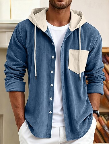  Homme Chemise Chemise Décontractée Chemise en velours côtelé Chemise Boutonnée Chemise à capuche Bleu Noir Vert manche longue Couleur Unie À capuche Occasionnel Quotidien Avec Poches Vêtement Tenue