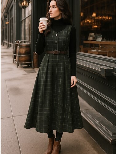  Γυναικεία Μίντι φόρεμα Φόρεμα σε ευθεία γραμμή Φόρεμα σε γραμμή Α Διακοπές Καθημερινό Μπόχο Καθημερινά Αργίες Καρό Μακρυμάνικο Ζιβάγκο Βαθύ πράσινο Βαθυγάλαζο Καφέ