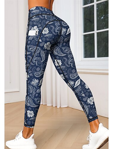  Damskie legginsy do pilatesu Spodnie fitness Legginsy casualowe Kieszenie Opłata skarbowa Niejednolita całość Pilates Siłownia Trening w siłowni Majtki Rajstopy Getry W Tureckie Wzory Kwiatowy wzór