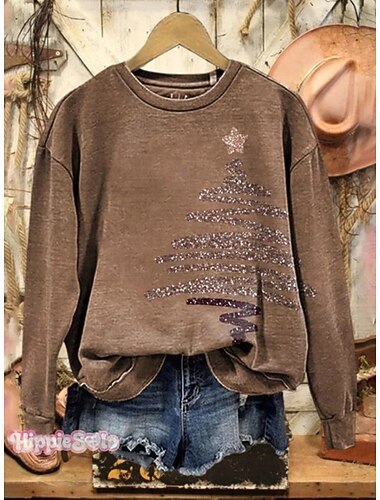  Dame Genser med genser Grafisk Juletre Fritid Langermet Rund hals Vanlige topper Gate Hverdag Avslappet Lapper Lysegrønn Rød Brun Høst Vinter