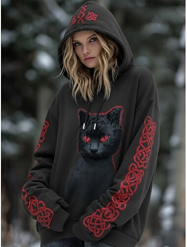  γυναικεία φούτερ Viking με κουκούλα γραφικό ζώο γάτα μόδα streetwear γοτθικό μακρυμάνικο με κουκούλα κανονικές μπλούζες καθημερινής χρήσης casual κορδόνι εκτύπωση κόκκινο άνοιξη φθινόπωρο