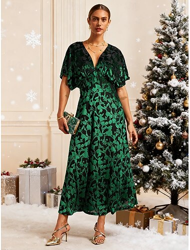  Elegantes Maxikleid für Damen, A-Linie, aus Samt, für Partys, Hochzeiten und als Gastkleid, mit floralem Muster, halblangen Ärmeln und V-Ausschnitt, smaragdgrün, für Frühling, Herbst und Winter