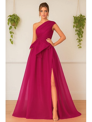  Ligne A Longueur au sol Robes de Bal Robe de Soirée Élégant Style Célébrité Sans manches Une Épaule Bal de promo Formel Organza avec Froncé Fente