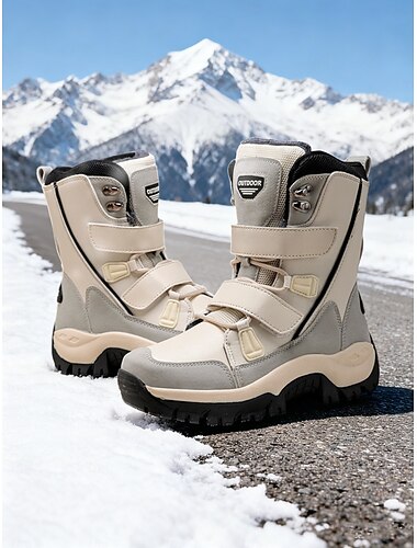  女性用ベージュ冬用スノーブーツ - 暖かいフリース裏地付きアウトドアハイキングシューズ。ベルクロストラップ付き。寒い天候、スキー旅行、トレッキングに最適。