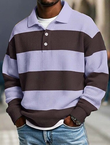  Herre Horisontale strimler Vaffel poloskjorter Rugby Polo Rugby polo skjorter Langærmet Polo skjorter Knaphul Sportstøj Afslappet Skole atletiktøj Dagligdagstøj 3D-udskrivning Forår Efterår Vinter
