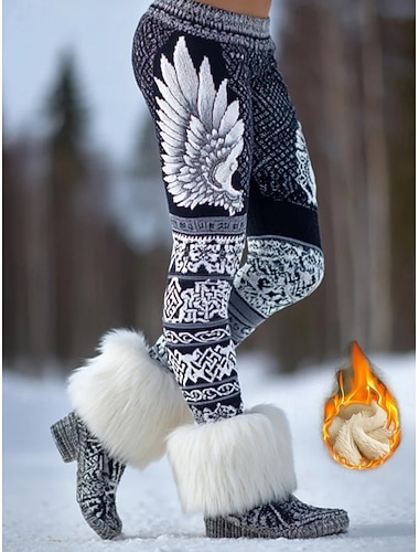  女性用バイキングボヘミアンフリースライニングレギンス バケーション ビンテージ エスニックスタイル フルレングス ミッドウエスト ストレッチ アウトドア 冬ダークグレー 秋冬