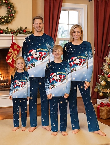  Famille Noël Pyjama de Noël en famille Pyjamas Ensembles de famille Graphique Père Noël Cadeaux de Noël Imprimé Bleu de minuit manche longue Quotidien Tenues assorties