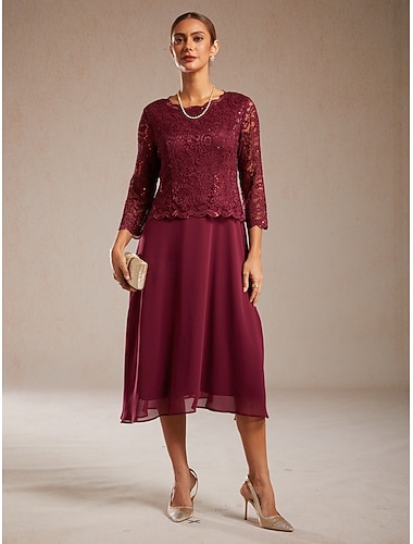  בגדי ריקוד נשים שמלת מידי שמלה עם כיווץ במותן אלגנטית אורחת חתונה מסיבת ערב רגיל צבע אחיד שרוול 4\3 צווארון עגול קצר יין אביב סתיו חורף