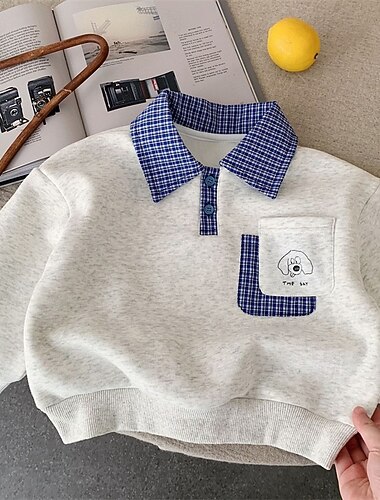  أطفال للصبيان كنزة كارتون منقوش كم طويل Lapel جيب دافئ الخريف الشتاء الرياضات موضة يوميا خليط قطن الأماكن المفتوحة فضفاض قالب مثالي