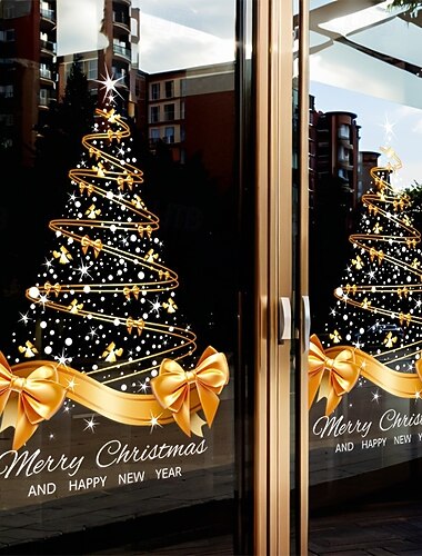  Naklejki ścienne z motywem choinki w kolorze złotym, samoprzylepne naklejki na okna z tworzywa sztucznego, świąteczny prezent, sezonowa dekoracja do domu, drzwi, salonu, świąteczne przyjęcie