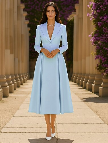  Платье-смокинг А-силуэт Официальные Стретч-креп Элегантный стиль Длинный рукав Ниже колена Длина миди Лацкан с острым углом V-образный вырез Однобортный с 2 пуговицами