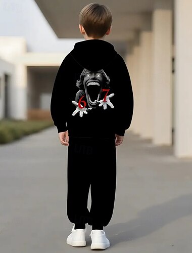  Unisex Gutt 3D Grafisk Morsom slang 67 Hettegenser og joggebuksesett Treningsdrakt Treningsdresser Langermet 3D-utskrift Vår Høst Sport Mote Fritid Barn 4-12 år Med hette utendørs Gate Normal