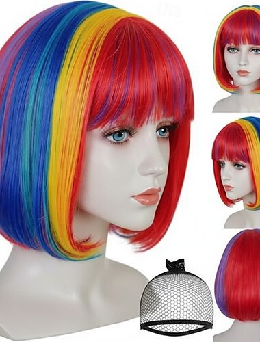  Karneváli paróka 2026 Piros Kék Bíbor Egyenes Bob Rövid Szintetikus fesztivál paróka Mardi Gras Felvonulás Cosplay jelmez frizura mert Női