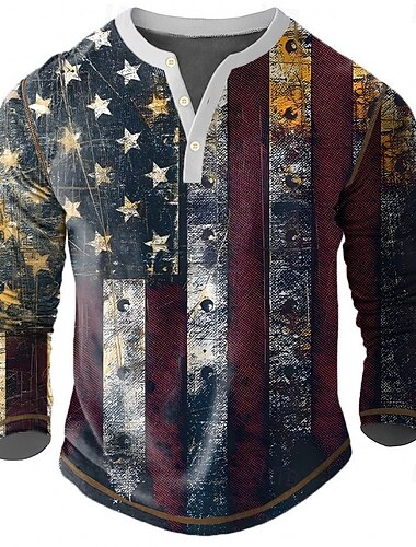  رجالي الرسم علم قميص هينلي بلايز كم طويل عتيق موضة مصمم الأماكن المفتوحة فضفاض مناسب للبس اليومي ربيع & الصيف كل الفصول أزرق البحرية كاكي هينلي تي شيرت هنلي