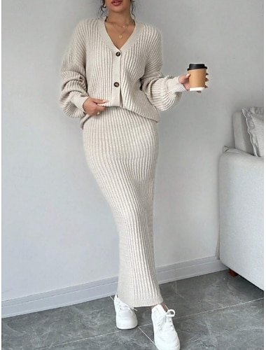  בגדי ריקוד נשים סוודר תיאום סוודר יום יומי רך צבע אחיד מצולע צווארון V כפתורים סרוג שרוול ארוך חולצות רגילות לִסְרוֹג בָּחוּץ יומי סוף שבוע שחור יין סתיו חורף