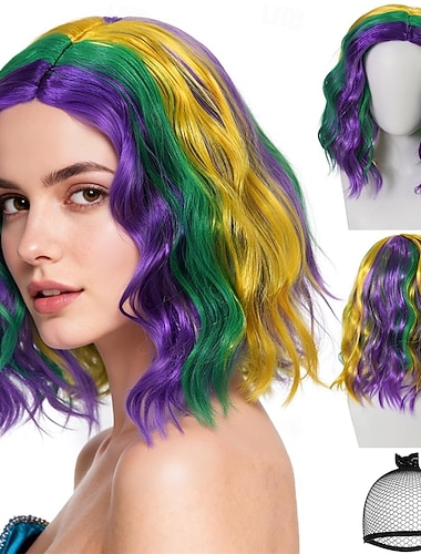  Peruca de Carnaval Loiro Rosa Azul Encaracolado Curto Peruca sintética para festivais Mardi Gras Parada Cabelo para fantasia de cosplay para Feminino