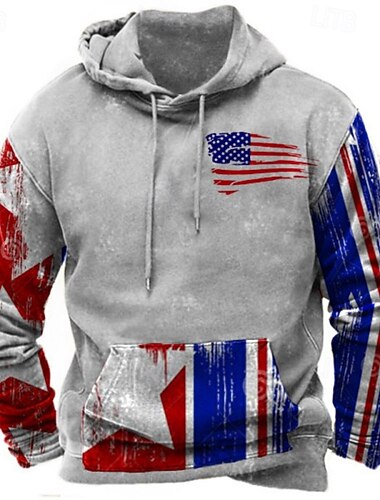  Men's Graphic American Flag Hoodie Pullover Hoodie Printed Hoodie Fashion Streetwear Casual Vintage Retro Hooded Outdoor Vacation Going out Dark Blue Dark Gray Gray Drawstring Pocket Print Spring Fall